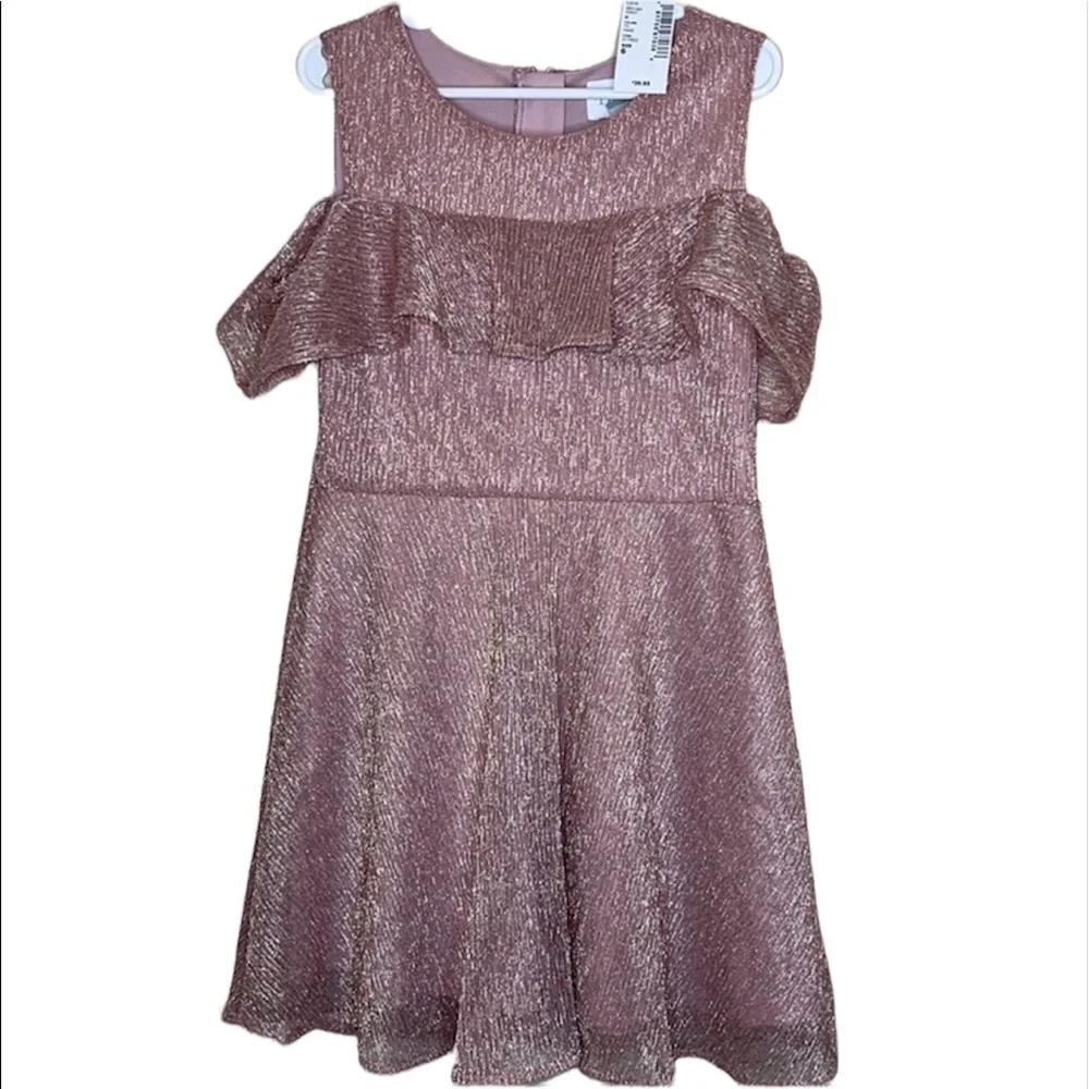The Children's Place Girls Metallic Rose Gold Haze Cold Shoulder Dress Size 6